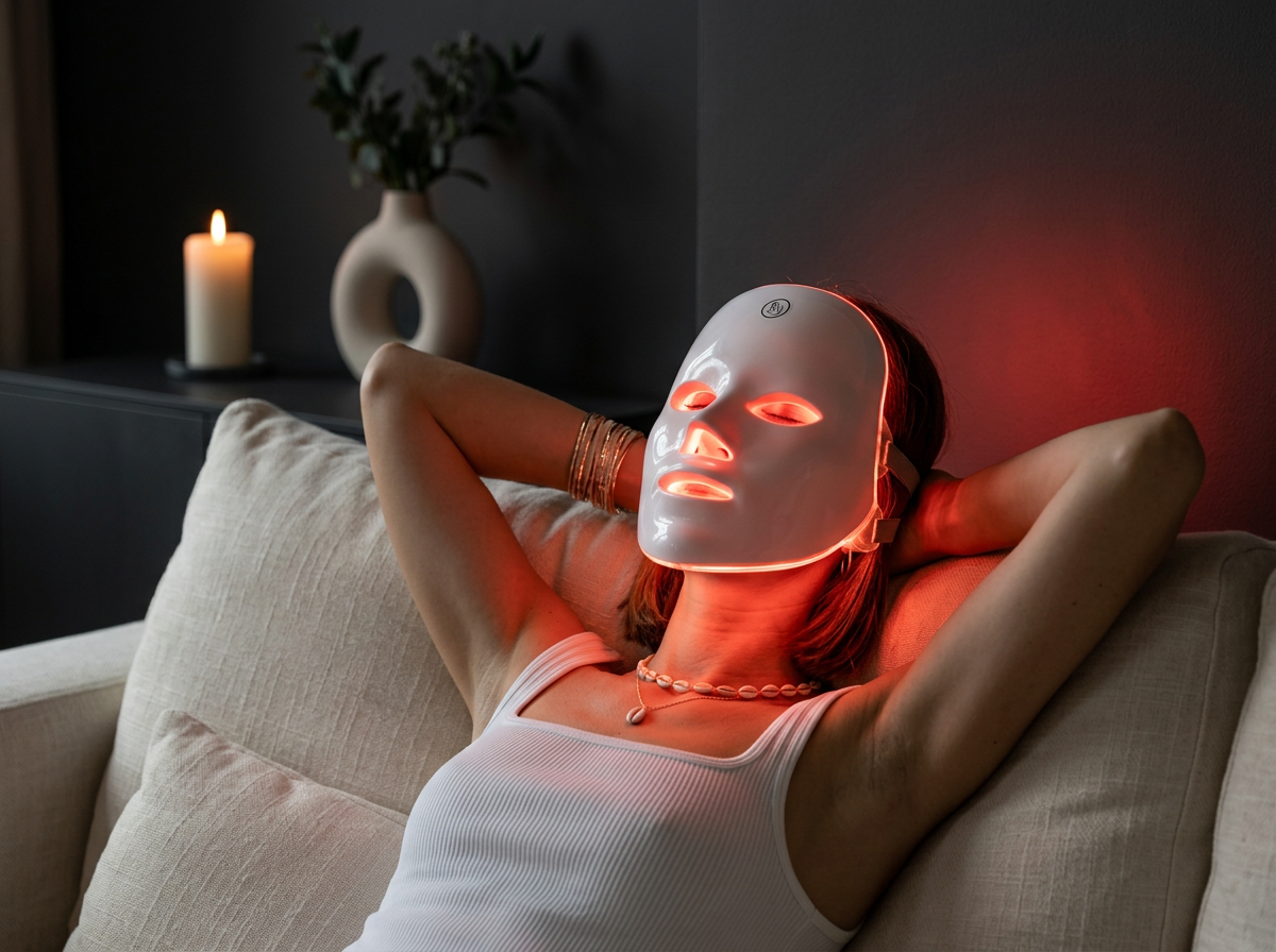 Девушка отдыхает вечером на диване в светящейся красным LED-маске